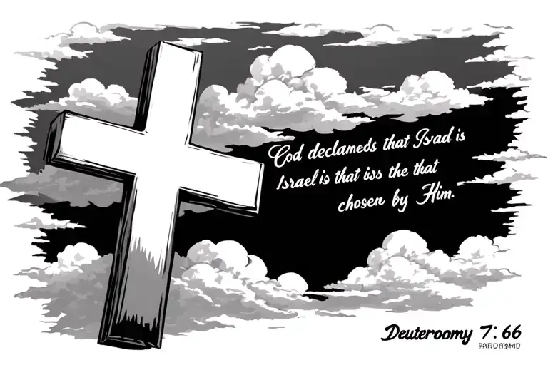 A cross with bible verse and clouds floating Deuteronomy 7:6: God declares that Israel is chosen by Him.  tattoo design idea