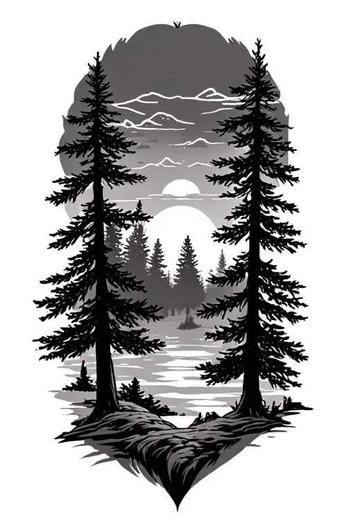 forest, sunset, pine trees, bear head tattoo design idea