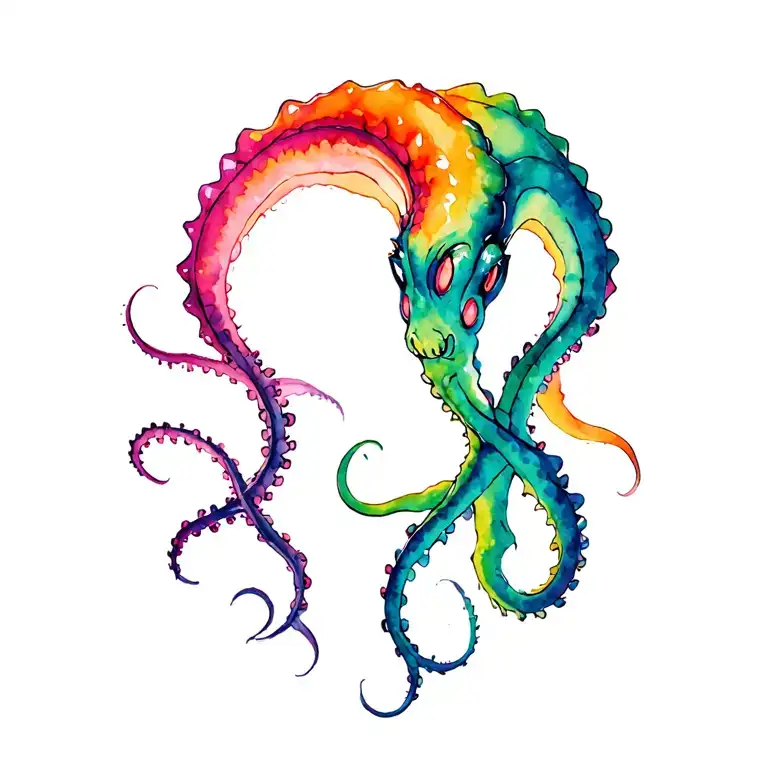 kraken in movement, ColorSheme Green and Petroleum, Witt Highlight in Chopper, purzle, magenta and orange, penstrokes tattoo design idea