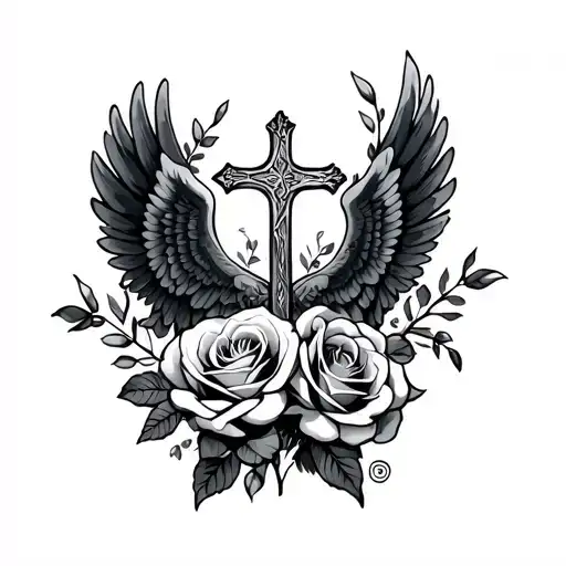 cross and wings with roses  tattoo design idea