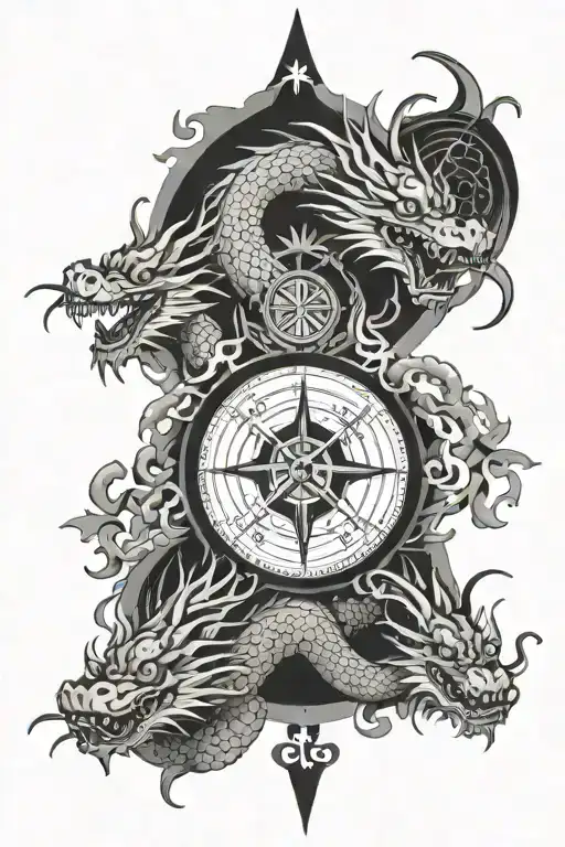 4 chinese dragons, compass, Symmetry tattoo design idea