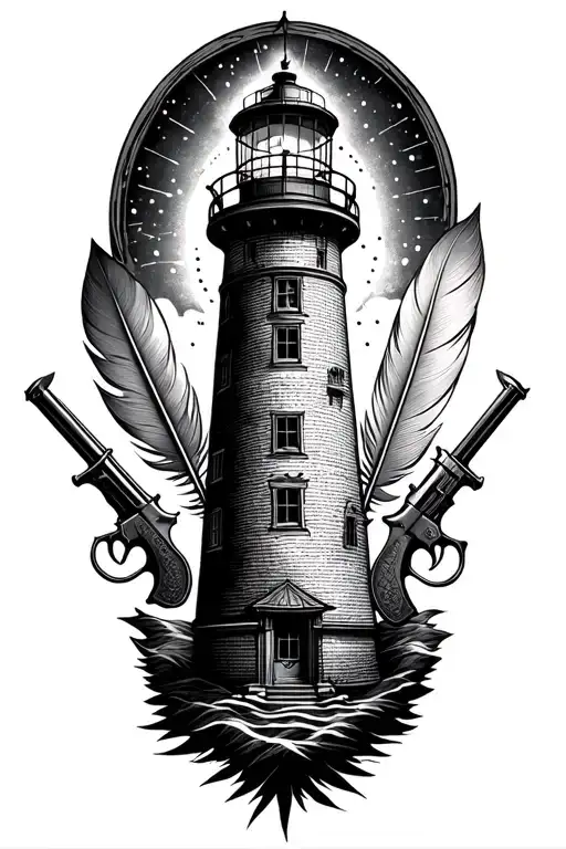 lighthouse in the middle with a quill & compass one both sides & a pistol & cutlass facing the opposite way behind tattoo design idea