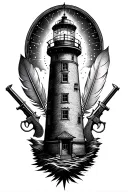 lighthouse in the middle with a quill & compass one both sides & a pistol & cutlass facing the opposite way behind tattoo design idea