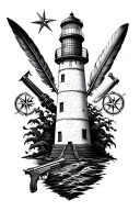 lighthouse in the middle with a quill & compass one both sides & a pistol & cutlass facing the opposite way behind tattoo design idea