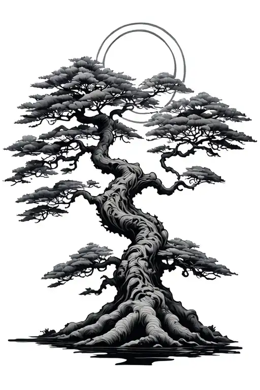 bonzai tree with sun tattoo design idea