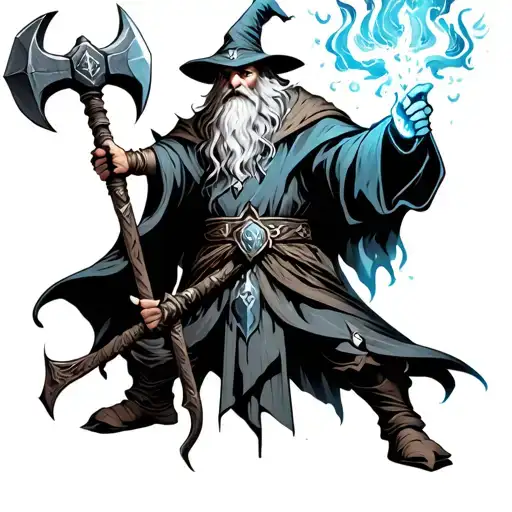 Wizard with large war hammer in one hand and magic in the other tattoo design idea