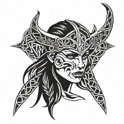 viking warrior women face with runes tattoo design idea