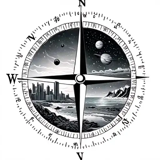 I want a compass divided into 4 themes inside. Space, city, mountains, beach tattoo design idea