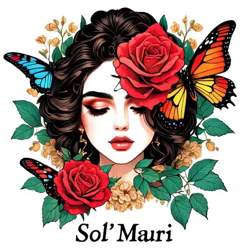 rose, butterflies and the name Sol'Mauri tattoo design idea