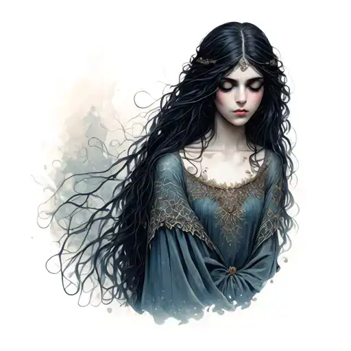 A solemn, mysterious feminine figure—guardian of forgotten places and memories. She embodies sorrow, stillness, tattoo design idea