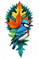 A neotraditional  tattoo of a bluejay with a silverfern and a fantail with a maple leaf tattoo design idea