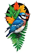 A neotraditional  tattoo of a bluejay with a silverfern and a fantail with a maple leaf tattoo design idea