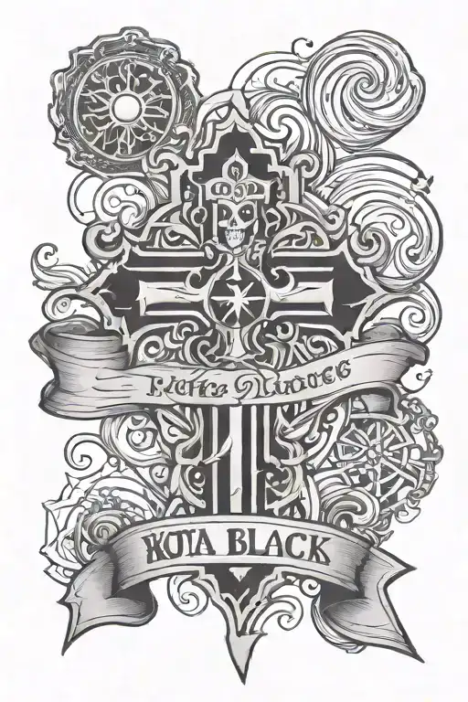 cross with a banner on the top of the cross that says KOTA tattoo design idea