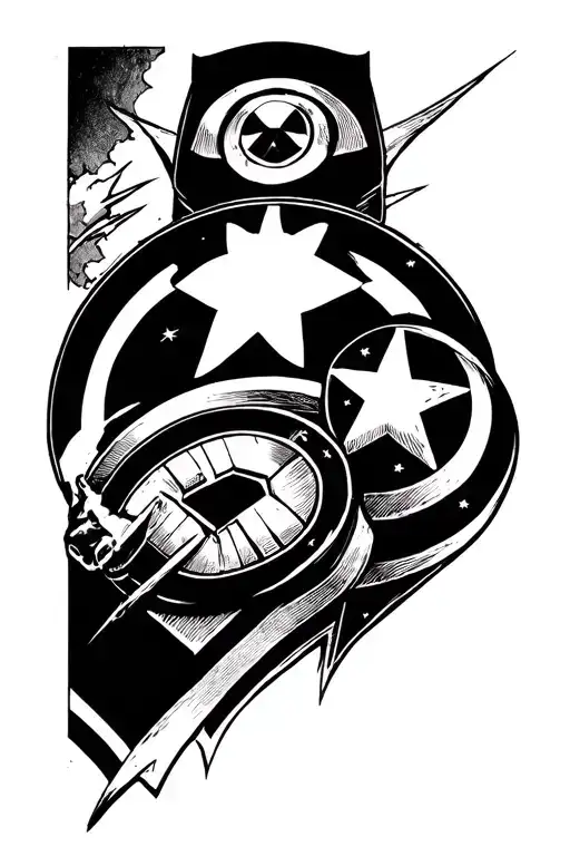 Blackwork-style tattoo design for the leg. It depicts an anonymous superhero with a circular shield featuring a star in  tattoo design idea