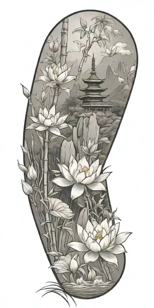 buddhist inpired tattoo focusing on scenary of nature, bamboo, water, and with lotus, koi fish, and small budda tattoo design idea