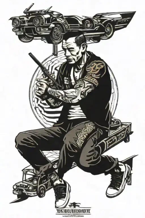 prison break style with old Japanese cars and Philippines tribal patterns tattoo design idea