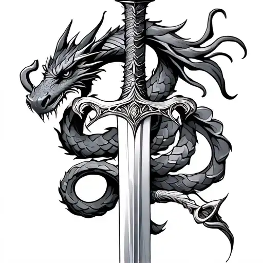 Sword with libra scales and a dragon wrapping around the sword tattoo design idea