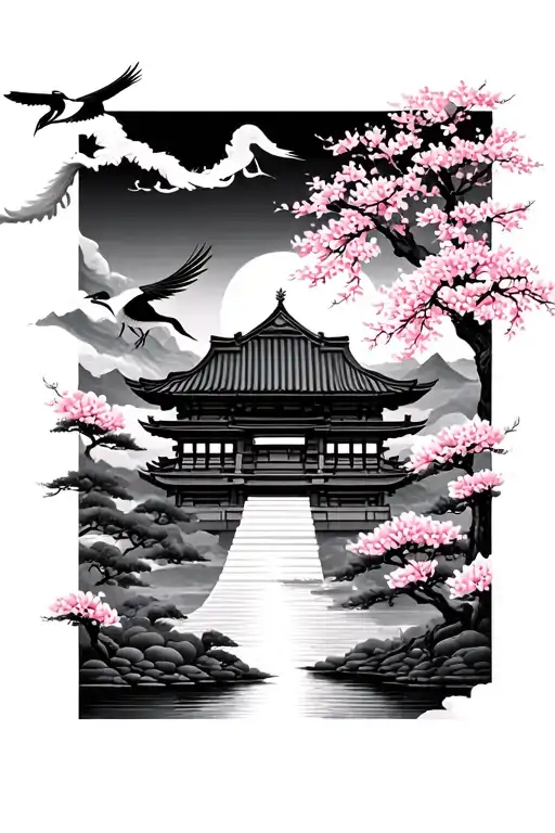 Japanese Style temple and crane  and sakura tattoo design idea