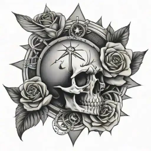 skull, rose, compass, nautical, tattoo design idea