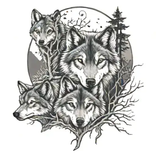 the adult wolves three baby wolves trees creek full moon and a angle  tattoo design idea