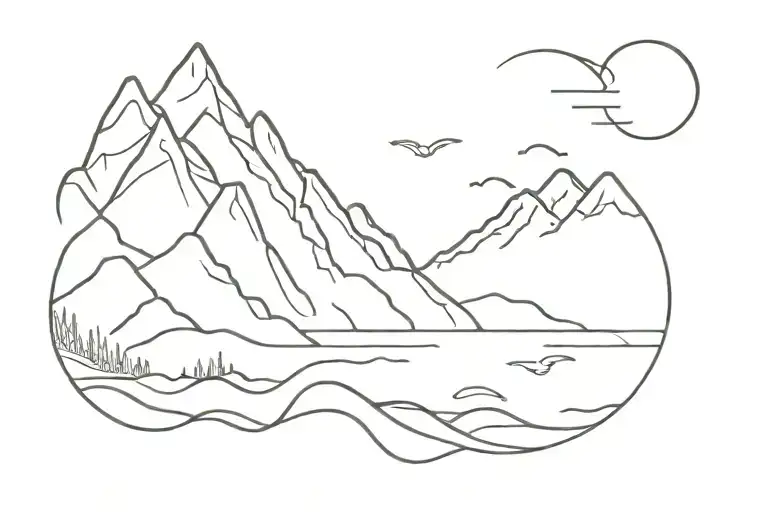 river, mountain, ocean, line art tattoo tattoo design idea