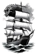 clipper ship with a monster rising under  tattoo design idea