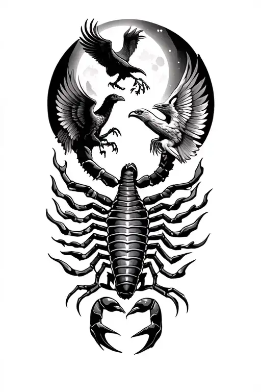 Scorpion & Eagle & Phoenix rising from flames moon behind tattoo design idea