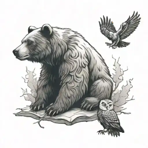 bear and owl sitting together tattoo design idea