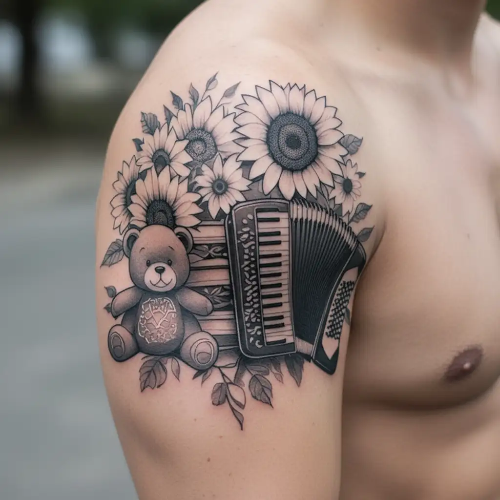 Tattoo with children's birthflowers, a teddy bear, a sunflower, a thimble, a train, an accordion to remind of grandmas a tattoo design idea