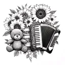Tattoo with children's birthflowers, a teddy bear, a sunflower, a thimble, a train, an accordion to remind of grandmas a tattoo design idea