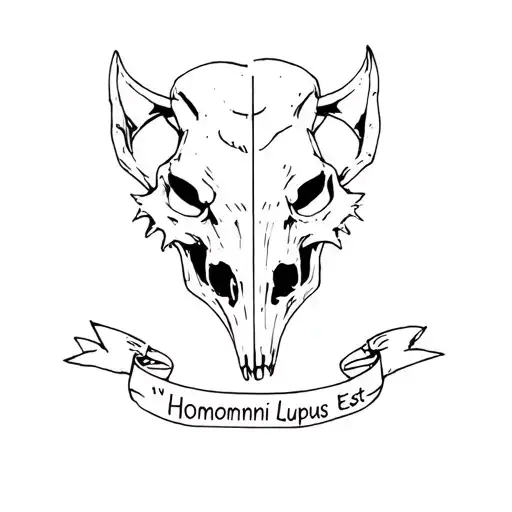 "Homo Homini Lupus Est" Half wolf skull, half human skull. Banner with text.  tattoo design idea