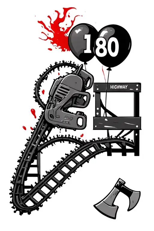 a bloody chainsaw, a roller coaster track, a highway 180 sign, a bloody axe and a floating balloon  tattoo design idea