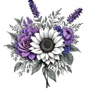 colour tattoo of a bunch of flowers containing rose, cosmo, sunflower, violet, lavender tattoo design idea