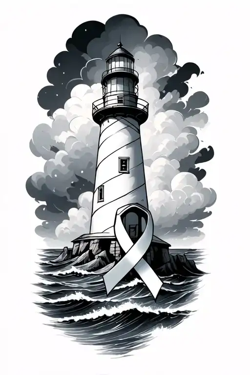 Lighthouse in the storm with a ovarian cancer awareness ribbon and cross  tattoo design idea