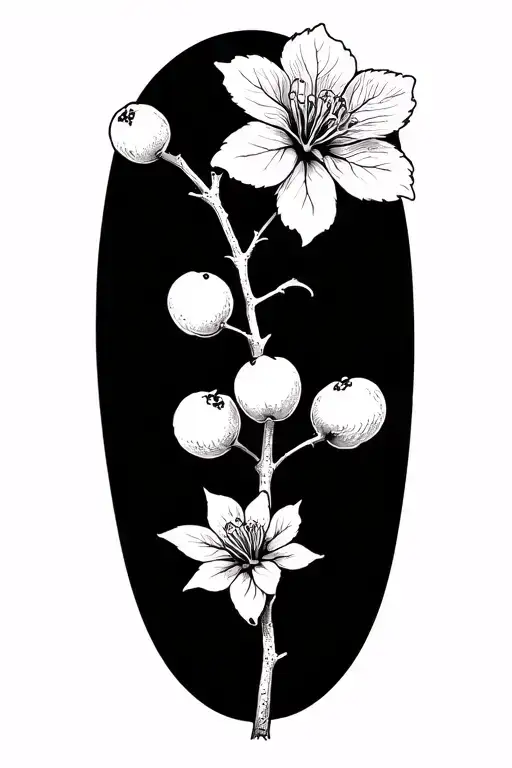 one white myrtle (mirtus comunis) branch with one flower and berries, in black and white tattoo design idea