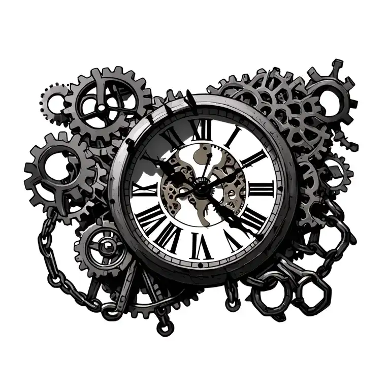 broken Roman numeral clock with gears and chains tattoo design idea