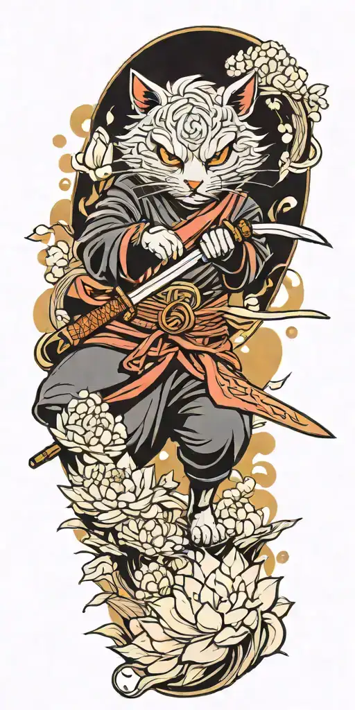 ninja cat with katana, tail, water, waves, lotus, sakura, clouds, whirlpool, leaves, peony tattoo design idea