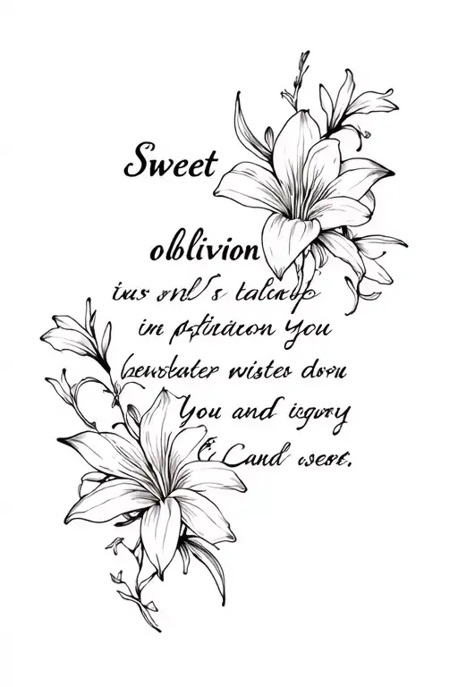 "Sweet oblivion " Lilies and thin tems and vines surrounding tattoo design idea