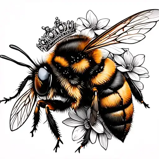 bee with flowers and crown tattoo design idea