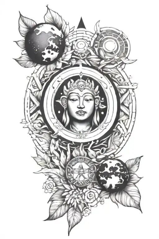 beautiful image of pachamama holding earth with mountain landscape with sun and moon above+ coco leaves and lotus tattoo design idea