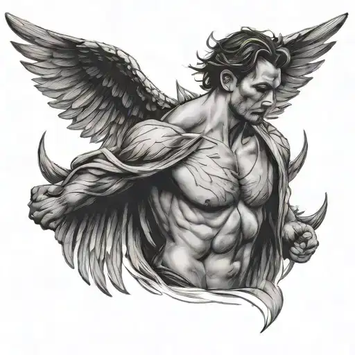 man looking down, arms outstretched, wings spread tattoo design idea
