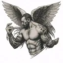 man looking down, arms outstretched, wings spread tattoo design idea