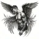 man looking down, arms outstretched, wings spread tattoo design idea