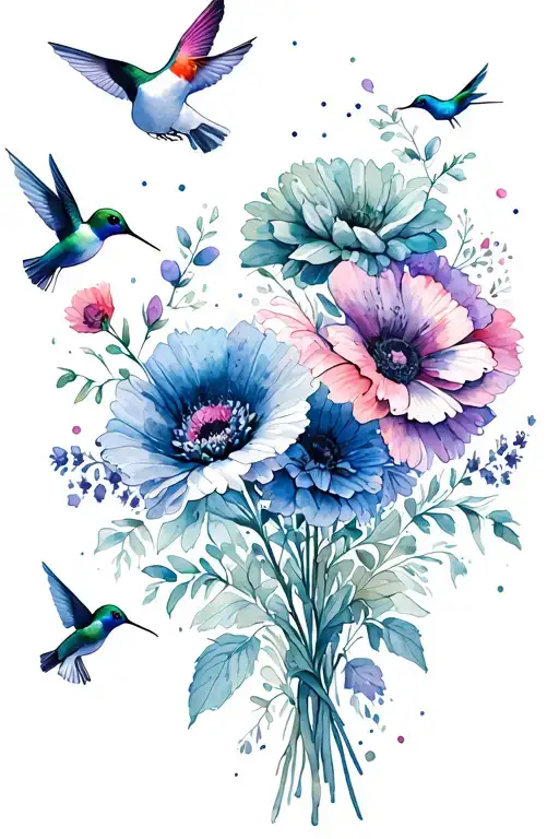 Flower Bouquet with poppy, chrysanthemum Daisy, Lily of the Vally and Hummingbirds flying around it. Flowy and vibrant tattoo design idea