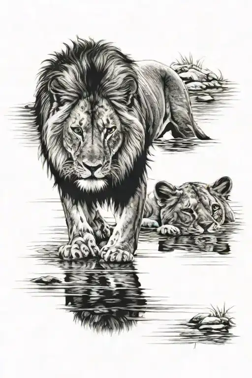 lion drinking from a river and he sees his lion cub reflection in this river tattoo design idea