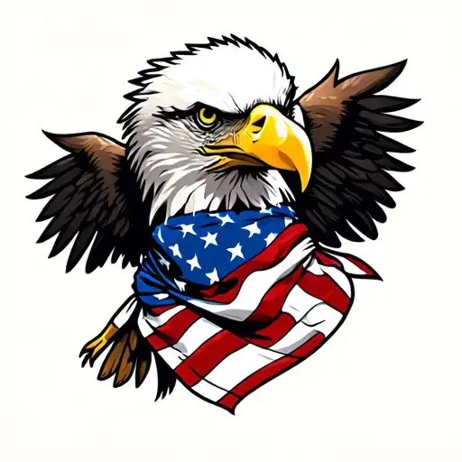 Bald Eagle wearing an American Flag bandana and clutching a black case. tattoo design idea