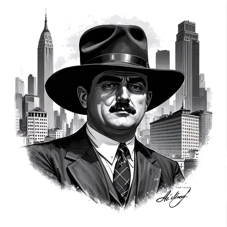 men in suits with hat, mafia bosses, al Capone, Lucky Luciano, realistic, cityscape Chicago, Public Enemy #1, tattoo design idea