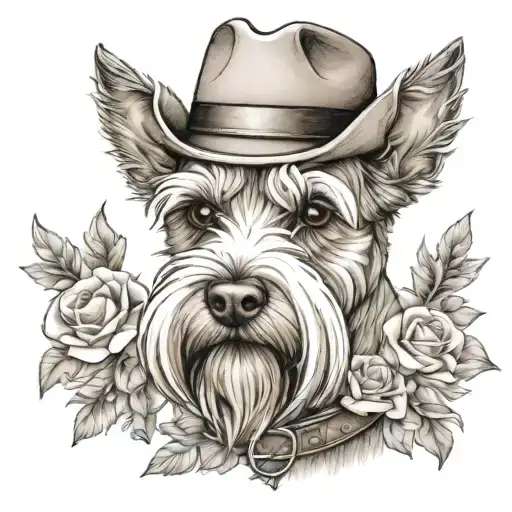 wheaten female schnauzer with cowgirl hat and brown eyes and a collar with flowers  with western background tattoo design idea