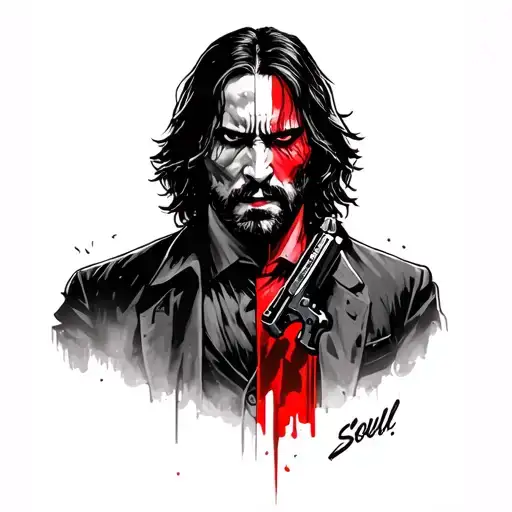 john wick style soul with gun in hand half is proud and angry other face half is worn and exhausted tattoo design idea