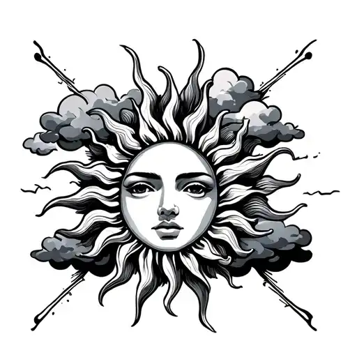 sun with rays and clouds tattoo design idea